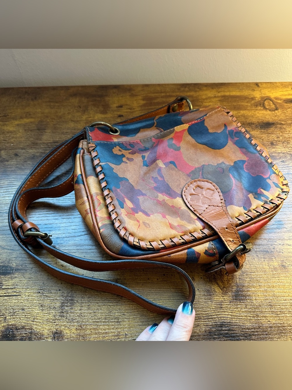Patricia Nash Rosa Square Flap Saddle Parisian‎ Cameo Leather Bag Camo Western